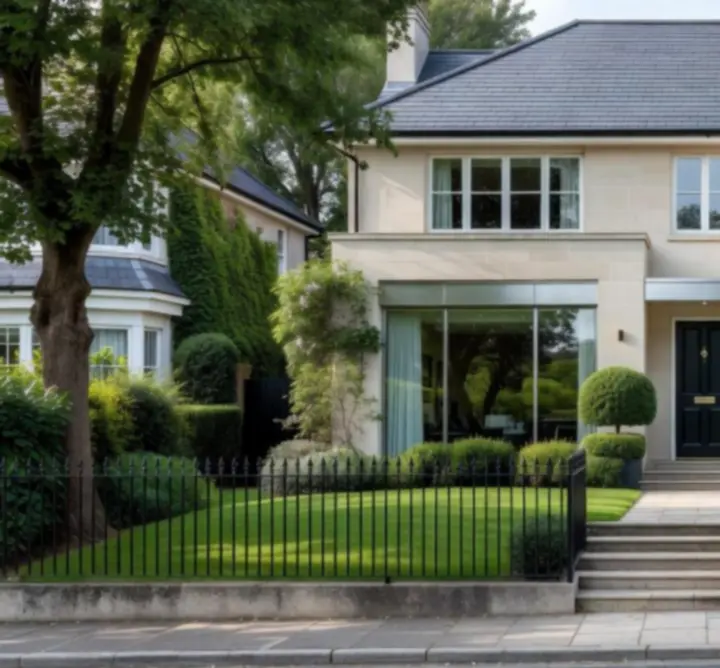 Exterior of a refined UK townhouse with clean architectural lines.