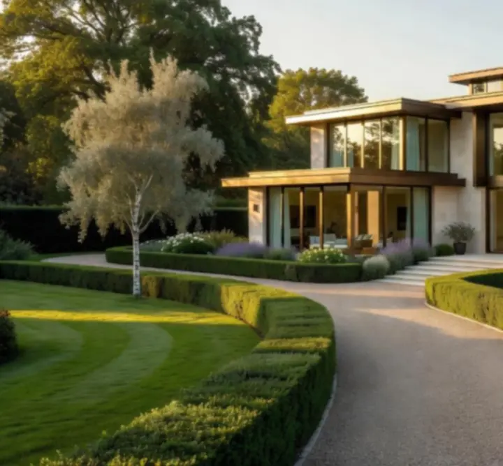 Exterior view of a luxury residential property in the United Kingdom at dusk