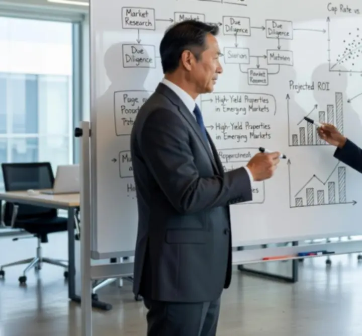 Investment team discussing a property strategy around a whiteboard